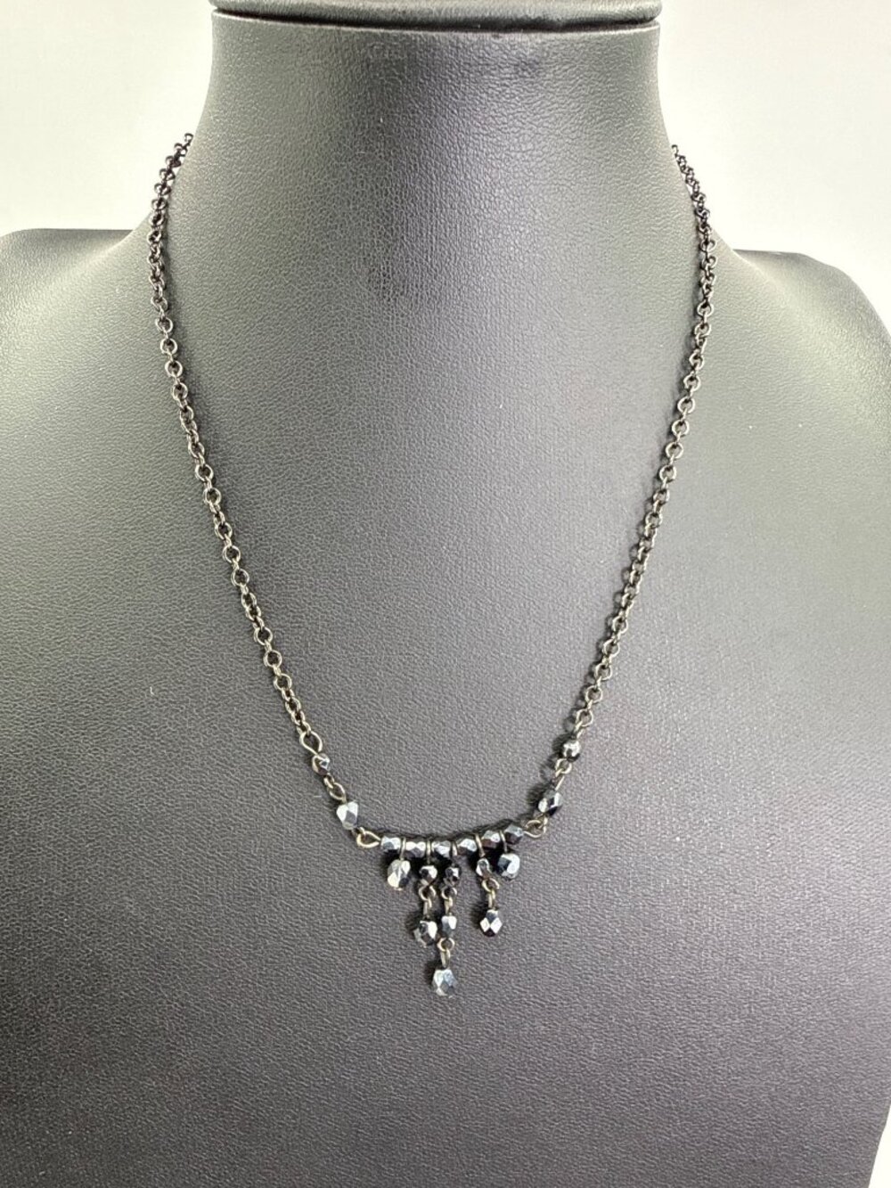 Gunmetal Black Faceted Bead Waterfall Drop Fringe Necklace Goth